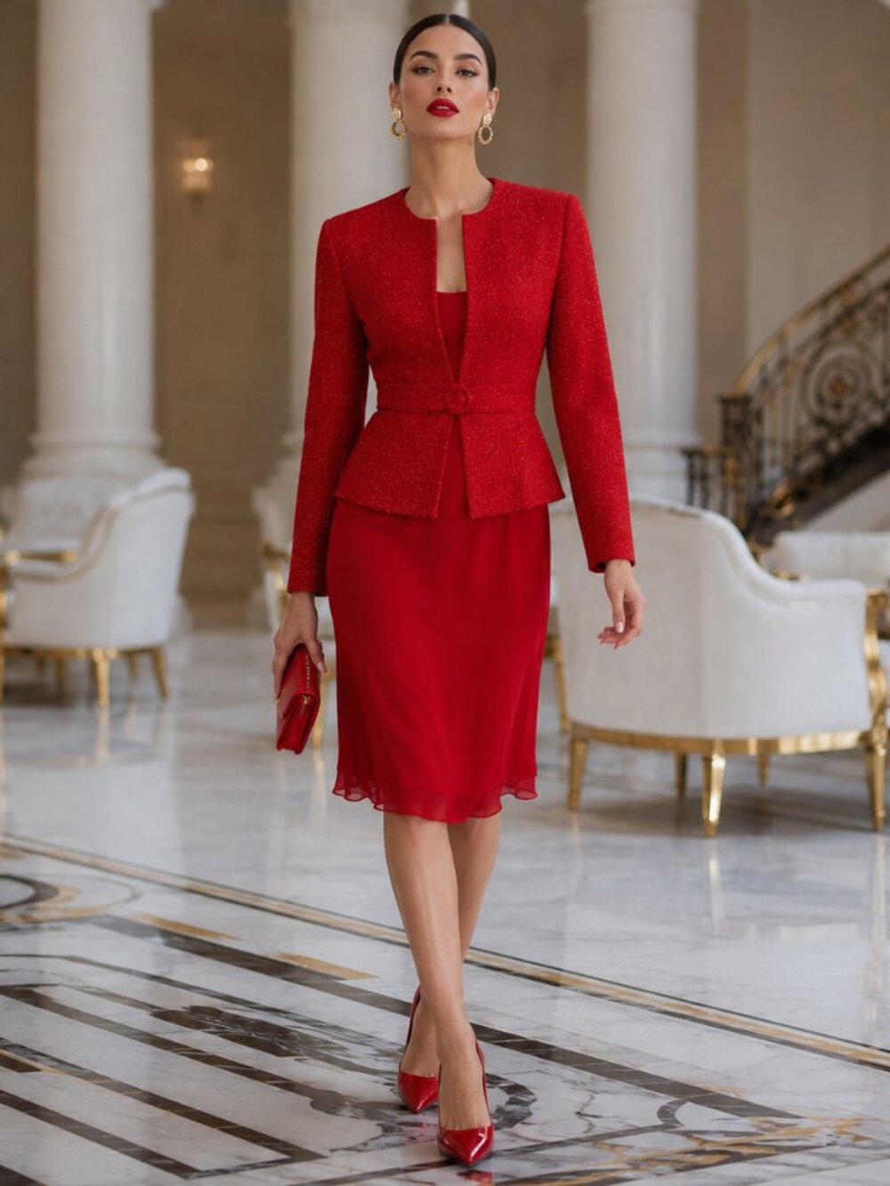 Adrianna Papell Size 4P Red Silk Sheath Dress Beaded Jacket Set NWT
